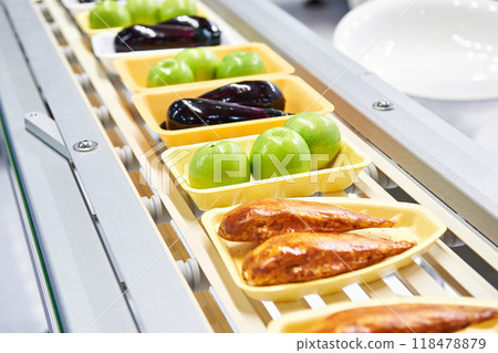 Food products in plastic pack on conveyor 118478879