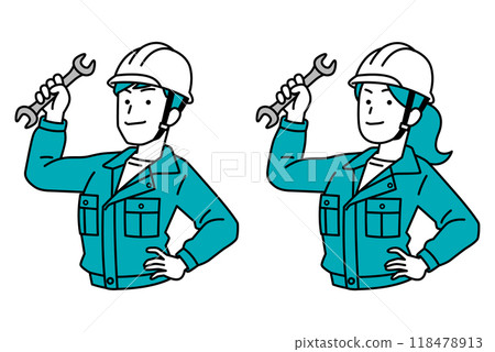 Set of male and female workers holding wrenches 118478913