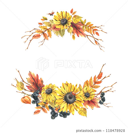 Autumn berries physalis, chokeberry, rowan leaves, maple, birch, rudbeckia flowers, tree branches and ladybugs. Watercolor illustrations. Round frame wreath isolated from background Autumn berries physalis, chokeberry, rowan leaves, maple, birch, rudbeckia flowers, tree branches and ladybugs. Watercolor illustrations. Round frame wreath isolated from background 118478928