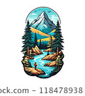 Bright travel concept with river and mountains, retro sticker isolated on white background 118478938
