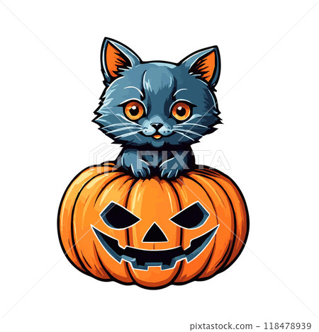 Bright juicy orange pumpkin with Halloween face with gray kitten isolated on white background 118478939