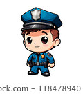 Cute little boy, hero policeman in blue uniform, cartoon character on white 118478940