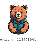 Cute brown bear in turquoise dress, cartoon character on white 118478941