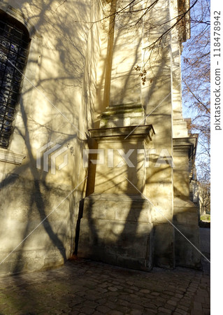 Shadows Cast on the Medieval Cathedral Foundation of the Dominicans in Lviv During Daylight Shadows Cast on the Medieval Cathedral Foundation of the Dominicans in Lviv During Daylight 118478942