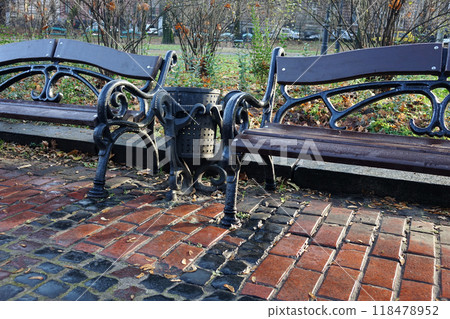 Park benches made of cast iron and wood and a trash can 118478952