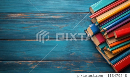 A serene workspace with stacked books, a blue vase, and a green plant against a turquoise wall 118479248
