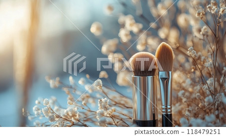 Floral arrangement with blush cosmetics on a soft pink background during a beauty-themed event 118479251
