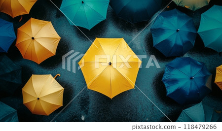 Colorful umbrellas scattered on wet pavement during a rainy day in an urban setting 118479266