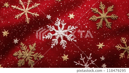 Festive red fabric featuring golden and white snowflakes scattered throughout for holiday decorating Festive red fabric featuring golden and white snowflakes scattered throughout for holiday decorating 118479295