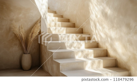 Modern staircase in minimalist interior design illuminated by natural light during daytime 118479296