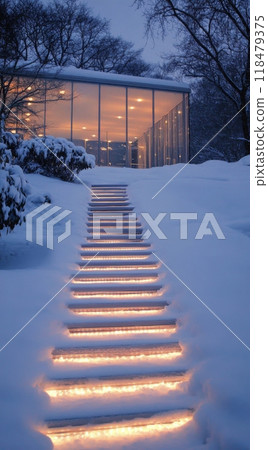 A beautifully lit modern building nestled in snow-covered trees on a winter evening 118479375