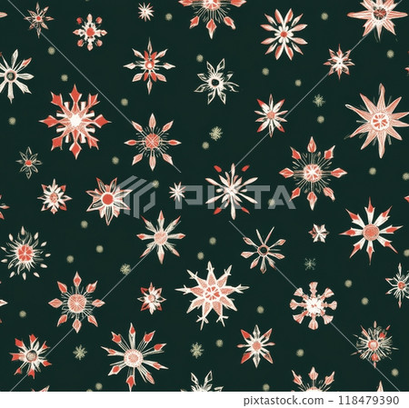 Colorful snowflakes create a festive pattern on a dark green background perfect for winter decor 118479390