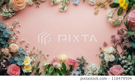 Vibrant floral arrangement on a soft pink background featuring a variety of colorful blooms 118479504
