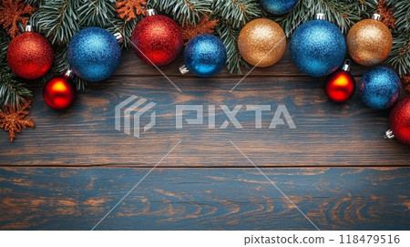 Festive holiday arrangement with colorful ornaments and blank card on red background 118479516