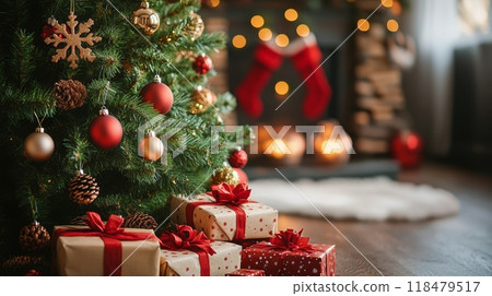 Cozy indoor Christmas celebration with a decorated tree and wrapped gifts during winter festivities 118479517