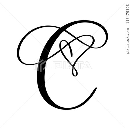 Script capital font logo calligraphy love letter C initial. Hand drawn vector brush style flourish. Vintage heart monogram. Valentine flourish element. Sign for page decoration design illustration 118479598