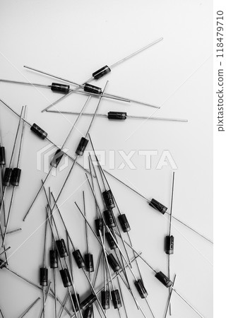 A scattering of radio elements on a white background. Diodes. A scattering of radio elements on a white background. Diodes. 118479710