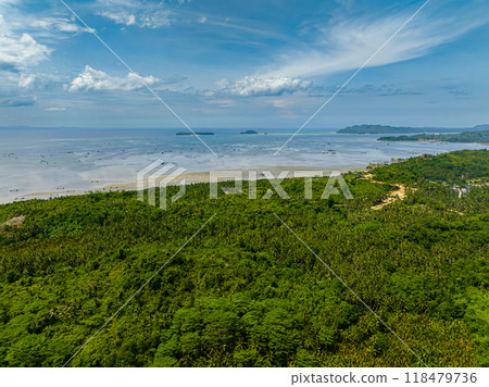 Tropical Island with green trees and plants. Blue sky and clouds. Mindanao, Philippines. Tropical Island with green trees and plants. Blue sky and clouds. Mindanao, Philippines. 118479736