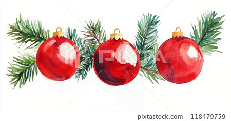 Red Christmas ornaments hanging on evergreen branches during the festive holiday season 118479759