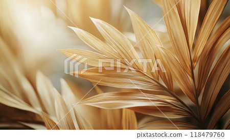 Golden palm leaves illuminated by sunlight in a tranquil outdoor setting during the afternoon 118479760