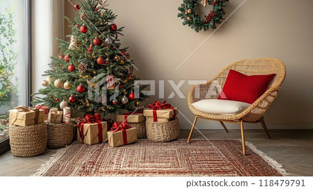 Cozy living room decorated for Christmas with a frosted tree and gifts under soft light 118479791