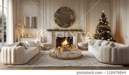 Elegant winter living room with a cozy fireplace and a beautifully decorated Christmas tree 118479844