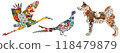 Silhouette of Akita Inu, crane, pheasant with miniatures and ornaments symbolizing Japan. Three isolated animals on a white background. 118479879