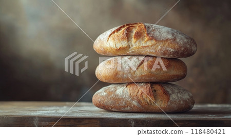 Freshly baked artisan bread loaves stacked neatly on a rustic wooden surface 118480421