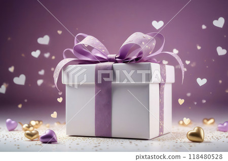 White giftbox with bow and small hearts on the lilac background of the lights with a bokeh effect. 118480528