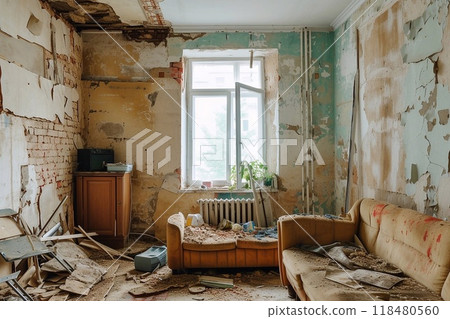 The interior of the room with a mess of furniture and things for repair work. The interior of the room with a mess of furniture and things for repair work. 118480560