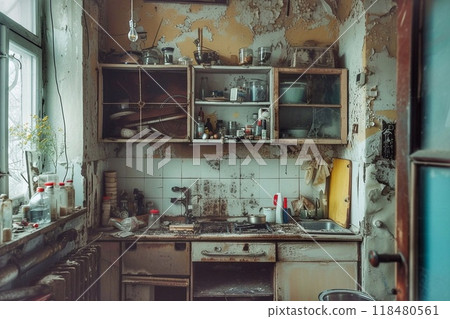 Interior of an old kitchen in an abandoned house. 118480561