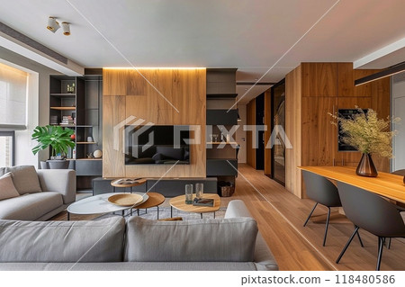 Interior of modern living room with wooden paneling. 118480586