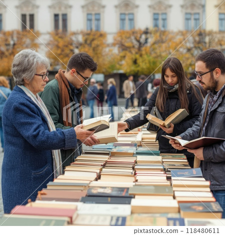 A group of people standing around an open air stall full of books on it, reading and exploring the books 118480611
