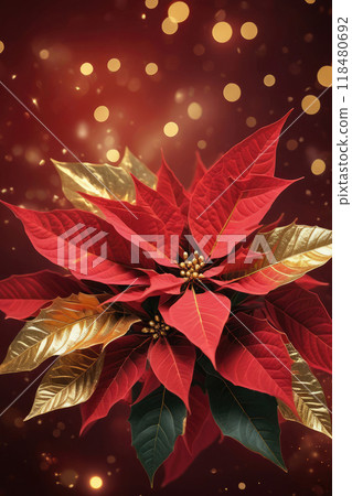 Red poinsettia flowers and green leaves and elegant golden accents abstract bokeh background. 118480692