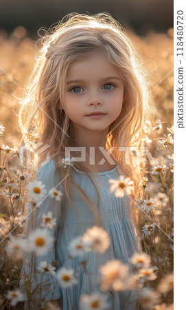 Happy smiling girl in a summer flowers field, natural style by shooting during the golden hour. 118480720