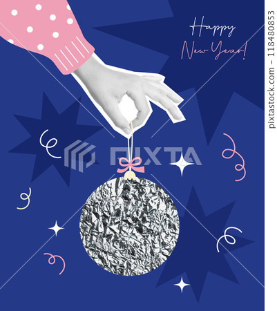 Christmas Vintage halftone collage. Hand in pink holding Glitter silver Xmas ball on blue background. Holiday card Happy New Year with trendy style. Vector illustration. 118480853