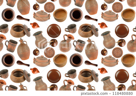 Various clay dishes from different angles isolated on white. Seamless pattern. Various clay dishes from different angles isolated on white. Seamless pattern. 118480880