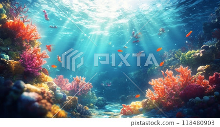 Colorful coral reef teeming with marine life illuminated by sunlight underwater Colorful coral reef teeming with marine life illuminated by sunlight underwater 118480903