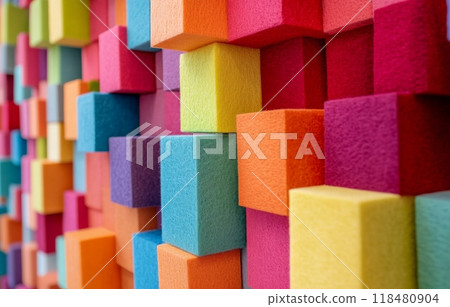 Colorful arrangement of foam blocks in a creative workspace designed for artistic activities Colorful arrangement of foam blocks in a creative workspace designed for artistic activities 118480904
