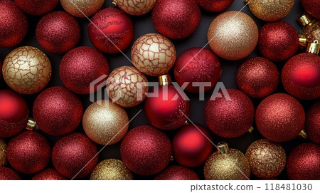 Colorful assortment of red and gold Christmas ornaments for festive holiday decorations 118481030