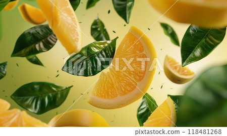 Ripe slices of persimmons and vibrant leaves are suspended in mid-air, creating a colorful display against a gentle green background, evoking freshness and vitality 118481268