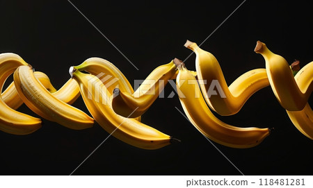 Ripe bananas create a flowing wave, showcasing their vibrant yellow color and natural curvature. The dark background enhances the fruit's visual appeal and highlights its texture Ripe bananas create a flowing wave, showcasing their vibrant yellow color and natural curvature. The dark background enhances the fruit's visual appeal and highlights its texture 118481281