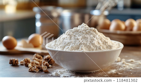 Fresh eggs and flour prepared for baking in a cozy kitchen during the morning Fresh eggs and flour prepared for baking in a cozy kitchen during the morning 118481302
