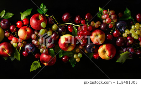 A vibrant collection of apples, grapes, and cherries intertwines elegantly on a black backdrop, highlighting the beauty and variety of fresh fruits in a stunning arrangement A vibrant collection of apples, grapes, and cherries intertwines elegantly on a black backdrop, highlighting the beauty and variety of fresh fruits in a stunning arrangement 118481303