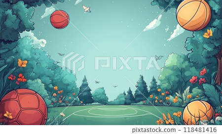 Colorful arrangement of various sports balls on a blue background 118481416