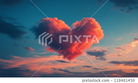 A heart-shaped cloud illuminated by a sunset sky over a tranquil landscape in the evening 118481450