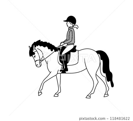 Black and white, a girl riding a cute pony 118481622