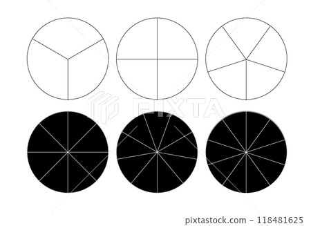 Segmented circles isolated on a white background. A different number of sectors divides the circle into equal parts. Vector 118481625