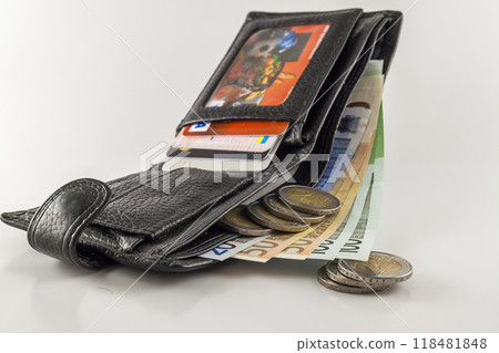 Leather men's open wallet with euro banknotes bills, coins and c Leather men's open wallet with euro banknotes bills, coins and c 118481848