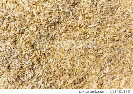 Light soft yellow brown natural bark wooden chips, recycled material surface. Wallpaper, design and background. 118481850